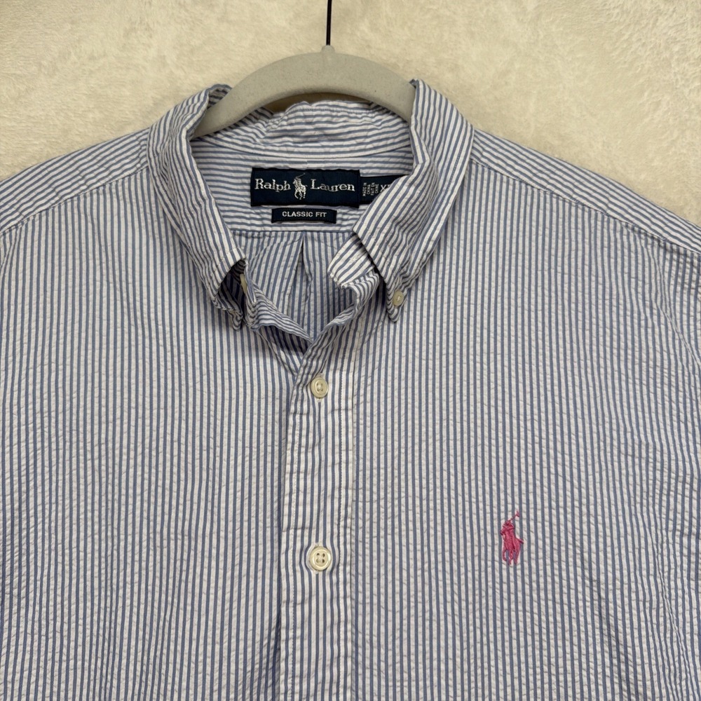 Ralph Lauren Classic Fit Shirt Mens XL Blue White Stripe Seersucker Cotton